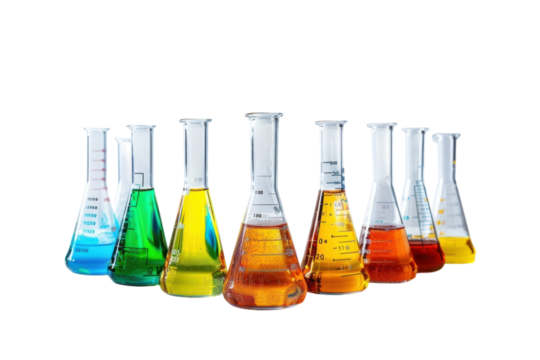 Colorful glass beakers filled with vibrant liquids create an eye-catching display in a lab setting during bright daylight isolated on transparent background