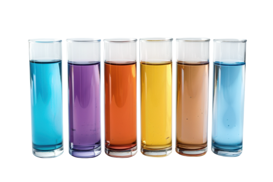 Colorful liquids in test tubes create a vibrant spectrum on a minimalist background during a science experiment isolated on transparent background