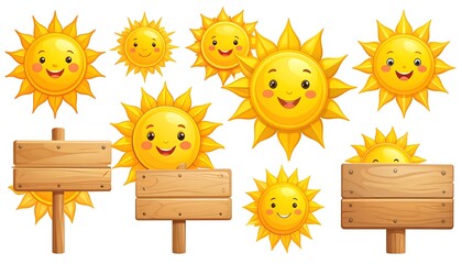Cute cartoon suns and wooden signs