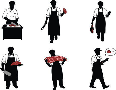 Set of various poses of a professional butcher or chef, cutting and holding meat, ideal for food industry and restaurant-related themes