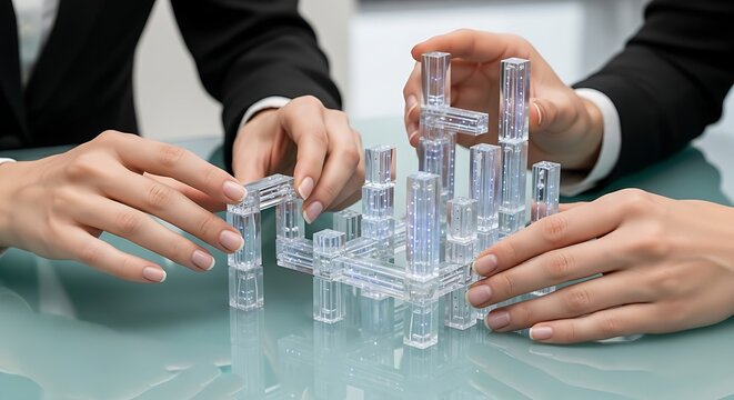 Building a structure with clear blocks by two people on a table in a business setting together - Powered by Adobe