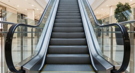 Modern Escalator Moving Upward Between Floors in a Bright Indoor Shopping Mall Environment