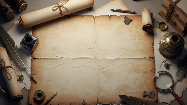 Aged paper with quill pens inkwell and scrolls arranged on a table in a vintage style setting