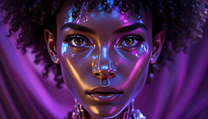 Close-up of African American Woman with Cyberpunk Neon Lighting