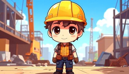 Cute cartoon worker in a construction site