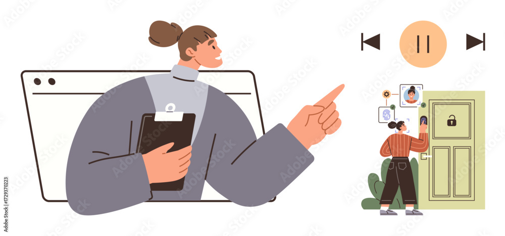 Aufkleber woman holding clipboard, analyzing security profiles for smart door locking system with a touchscree
