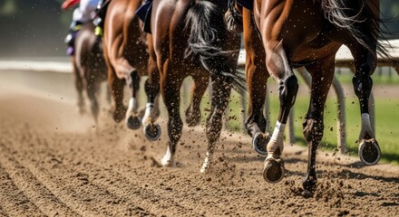 Fototapeta premium Close Up View of Galloping Horses Hooves Kicking Dirt on Race Track During Competition