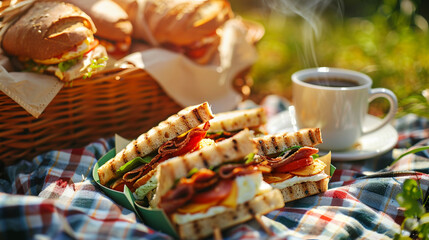 A realistic picnic scene on a checkered blanket