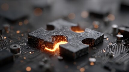 Puzzle piece integrating with a circuit board depicting technology and innovation