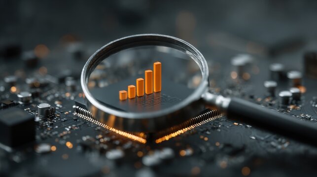 Increased data analytics shown through orange bar graph on circuit board magnified by lens