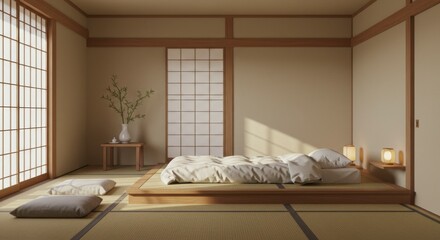 Serene japanese bedroom with tatami mats shoji screens and natural light illuminating a comfortable futon bed
