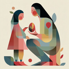 Mother presenting decorated egg to child in abstract style - Concept of Easter  