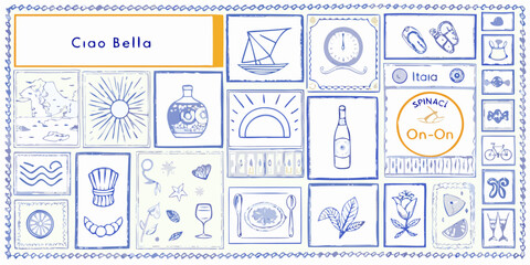 Collection of italian themed illustrations in a mosaic style with ciao bella text © MituRani
