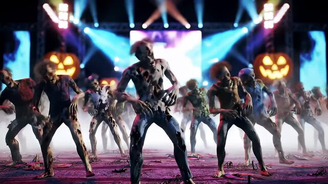 Large Crowd of Zombies Dancing at a Halloween Music Festival at Night