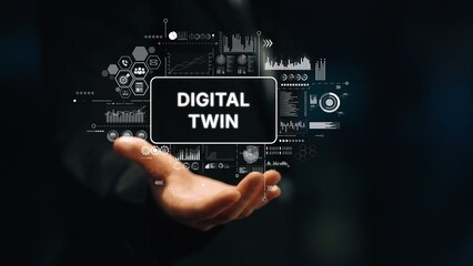 Digital Twin Technology Concept Displayed on a Virtual Interface with Charts and Graphs in a Hand. Asymptotic smart data analytic.