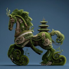 A fantastical horse sculpture, adorned with lush greenery and a miniature pagoda, evokes a sense of tranquility and wonder.