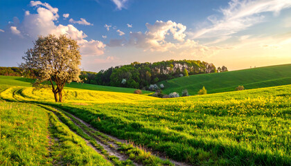A solitary blossoming tree stands by a winding country road in a lush green field under a vibrant spring sunset