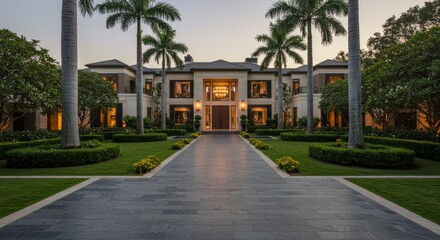 Obraz premium Grand luxury mansion with palm trees and manicured gardens at dusk twilight evening