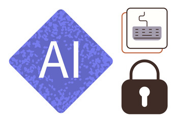 AI diamond shape, keyboard, and padlock symbolizing artificial intelligence, online security, and digital technology. Ideal for innovation, cybersecurity, tech trends, data protection encryption