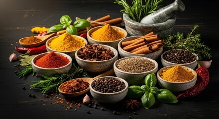 A vibrant collection of aromatic spices and herbs arranged artfully on a dark background
