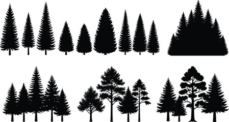 Fototapeta premium ree silhouettes, forest shapes, coniferous and deciduous trees, botanical diversity, nature design, landscape elements, artistic trees, black tree icons
