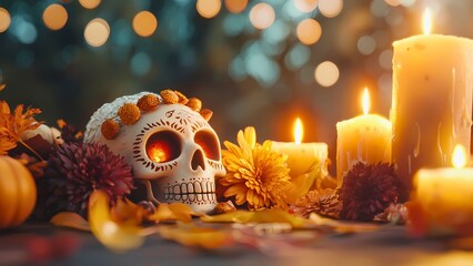 A captivating scene of Dia de los Muertos, featuring a decorative skull, candles, and flowers. It's a celebration of life and remembrance. 