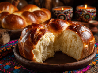Traditional Mexican Pan de Muerto bread shaped like skulls, arranged in a basket, symbolizing Day of the Dead celebration.
