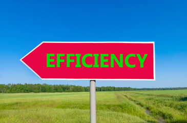 Efficiency symbol. Concept word Efficiency on beautiful red road sign. Beautiful blue sky green grass and forest peaceful nature background. Business efficiency concept. Copy space.