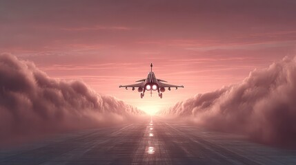 Aviation Ascendancy: A military aircraft soars through a serene sunset sky, embodying power and freedom above a runway.