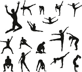 Various dynamic human poses vector silhouettes, including jumping, stretching, and gymnastic postures, for health, sport, and fitness design