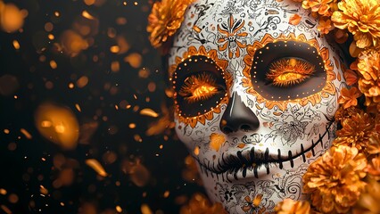 A captivating image showcasing a beautifully adorned skull for Dia de los Muertos (Day of the Dead), a celebration rich in culture