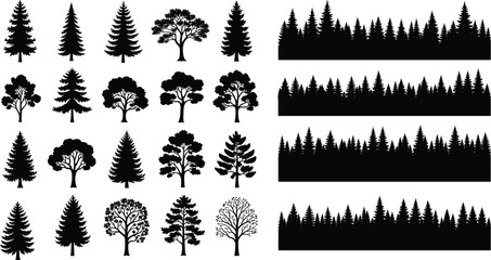 Tree and forest silhouettes, coniferous trees, deciduous trees, nature icons, vector illustration, foliage shapes, landscape design, black graphic, editable art © Md Shahedul