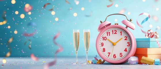 Realistic countdown clock with glowing decorations and champagne glasses for festive celebrations and New Year's events