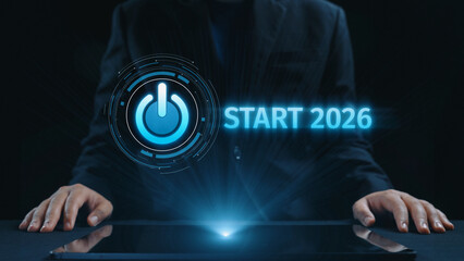 Start 2025 concept with futuristic power button symbolizing fresh beginnings, innovation, and digital transformation. Start 2025, new goals, and start 2025 initiative. Elide