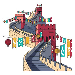 Chinese cultural symbols vector set. Tiananmen Gate in Beijing and red paper lanterns for travel and holiday.