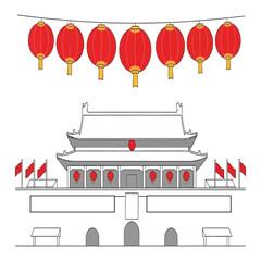 Chinese cultural symbols vector set. Tiananmen Gate in Beijing and red paper lanterns for travel and holiday.