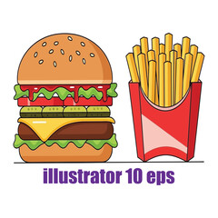 Classic cheeseburger and french fries vector illustration. Cartoon fast food meal icon for restaurant menu design.