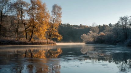 misty lake reflecting autumn and frosty trees under soft blue sky in tranquil seasonal landscape composition with warm and cool contrast
