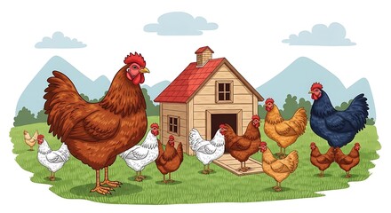 Farmyard Scene - Chickens, Rooster, and Barn in a Rural Setting.