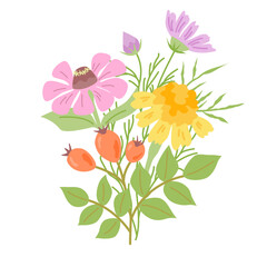 Vector colorful isolated floral illustration with zinnia, cosmos, merigold and  rosehip. Perfect for greeting cards, invitations, autumn and summer designs.