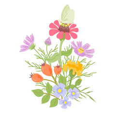 Vector colorful isolated floral illustration with flowers, leaves, and butterfly. Perfect for greeting cards, invitations, autumn and summer designs.