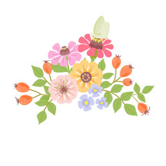 Vector colorful isolated floral illustration with flowers, leaves, and butterfly. Perfect for greeting cards, invitations, autumn and summer designs.