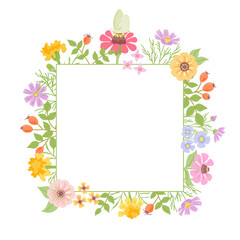 Square floral frame with colorful flowers, leaves and butterfly. Perfect for invitations, greeting cards, wedding, and seasonal decoration.