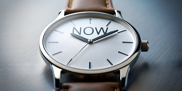 Closeup of a wristwatch displaying the word now on its face, emphasizing the importance of seizing the moment and acting in the present, with a shallow depth of field