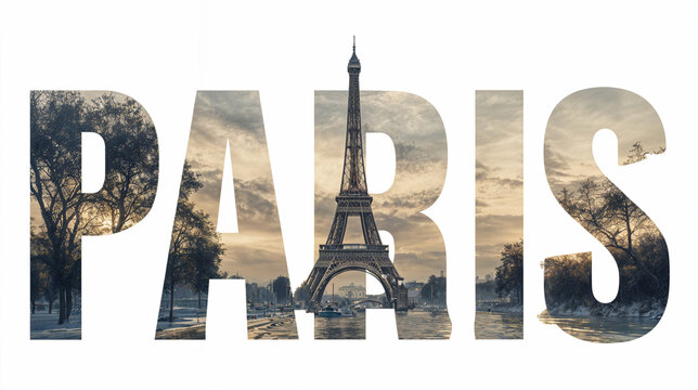 Paris Text Typography with Eiffel Tower and Cityscape Photo Double Exposure Design