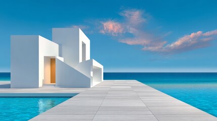 Modern architectural structure with clean lines and geometric shapes, situated by tranquil blue waters, reflecting the sky, creating a serene atmosphere for relaxation and contemplation