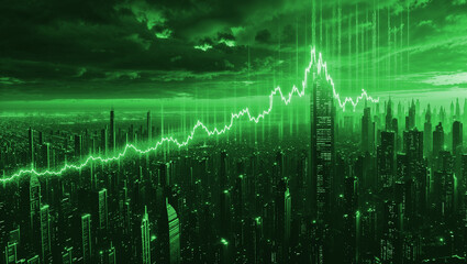 Panoramic view of a futuristic glowing cityscape at dusk, green palette, dark skyscrapers outlined with red lights, overlaid with colossal neon green candlestick chart representing rising financial da