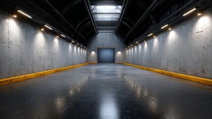 Obraz premium Spacious industrial hall with polished concrete floor, illuminated by modern lighting fixtures, featuring textured concrete walls and a large entrance, creating an atmosphere of minimalism and functio