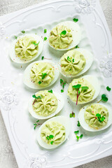 snack, stuffed eggs with avocado, homemade, no people,