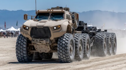 Fototapeta premium Behemoth of the Battlefield: A formidable military vehicle, built for heavy-duty transport, navigates a rugged terrain with unwavering power and resilience.